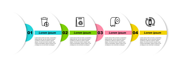 设置线闪电与垃圾桶，购物袋回收，卫生纸卷和电池。业务信息模板。向量图片下载