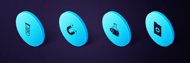 设置等距临床记录，生物工程，磁铁与闪电和DNA研究，搜索图标。向量图片下载