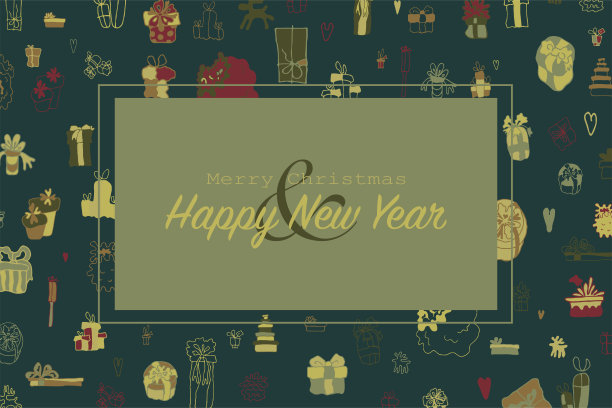 涂鸦图案画框，礼物。背景画框，圣诞礼物。新年横旗，迎新。冬天假日的心情。手绘复古盒子。向量为网，帧卡。庆典,出售。图片下载