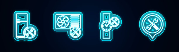 设置线冰箱服务，空调，手表和定位。发光的霓虹灯图标。向量图片下载