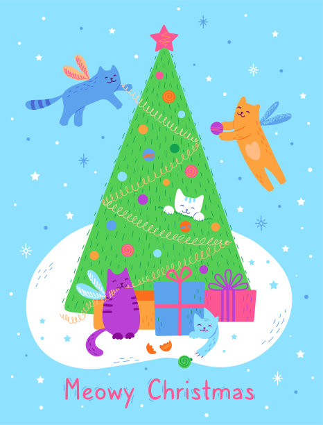 Meowy圣诞节。长翅膀的神奇猫。可爱的卡片与圣诞树，猫，礼品盒。圣诞快乐，新年快乐设计。有趣的宠物装饰这棵树。手绘矢量插图。图片下载