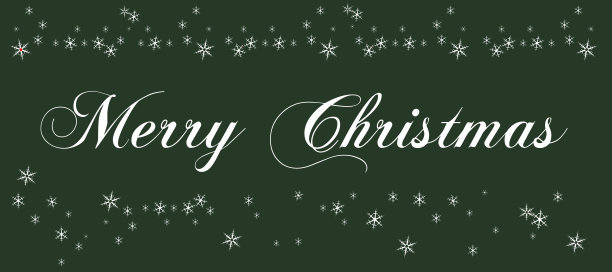 白色的字母圣诞快乐，绿色的背景上有很多雪花。圣诞传统贺卡图片下载