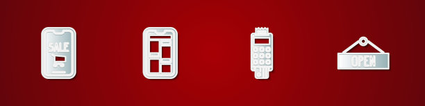 设置手机、购物车、网上、带有信用卡的POS终端和悬挂标志。向量图片下载