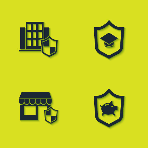 设置房子与盾牌，小猪银行，购物大楼和毕业帽图标。向量图片下载