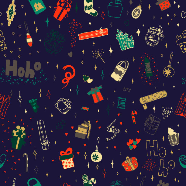 深蓝圣诞无缝花纹。涂鸦礼物，包装纸，新年背景。各种各样的盒子系蝴蝶结丝带。闪光和火花，冬天的装饰，蜂蜜，袋子，心。织物印刷。图片下载