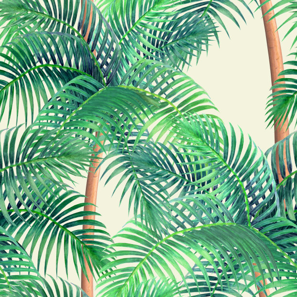 水彩背景与热带棕榈树无缝图案。图片下载