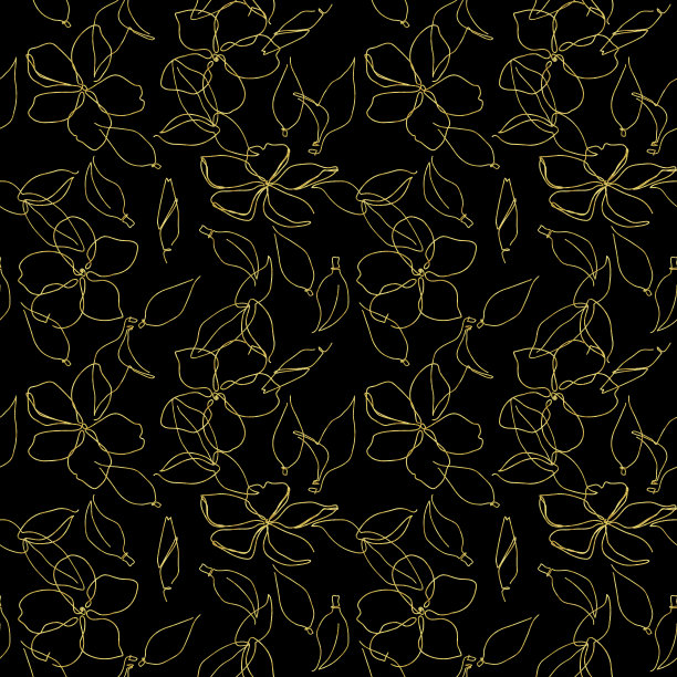 金色纹理一线艺术无缝图案。樱花和树叶。图片下载