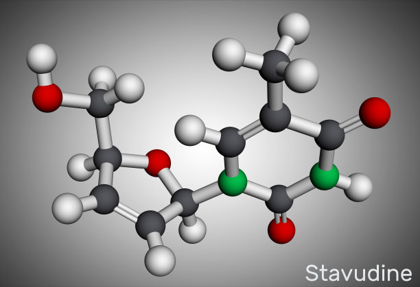 司他夫定,而分子。它是双脱氧核苷，用于治疗艾滋病毒感染和获得性免疫缺陷综合征艾滋病。分子模型。三维渲染图片下载