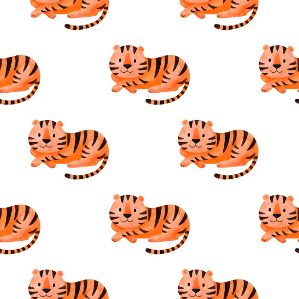 白底上的老虎。无缝图案象征着2022年的新年。背景以动物的形式水彩装饰。卡通风格的可爱母老虎在撒谎。图片下载