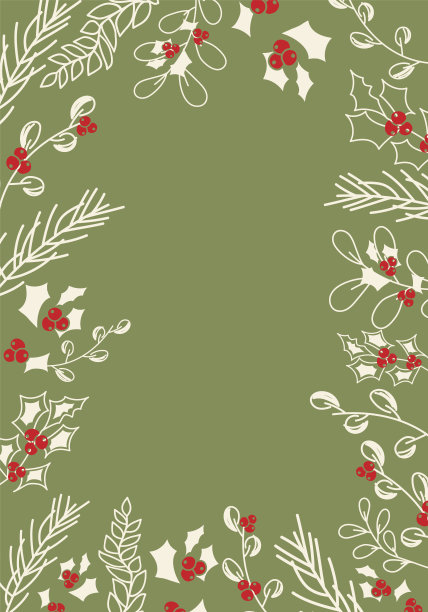 向量。圣诞快乐，新年快乐，花的背景，复制空间为您的文字。乡村垂直框架模板圣诞卡，婚礼请柬，派对请柬。手绘草图。图片下载
