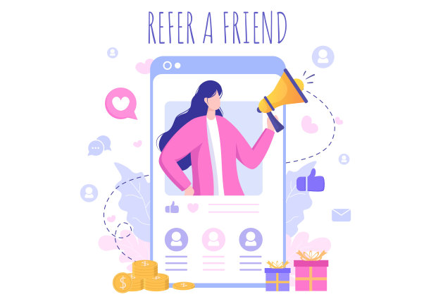 推荐一个朋友平面设计插图，屏幕上的扩音器手机和社交媒体营销的朋友通过横幅，背景或海报图片下载