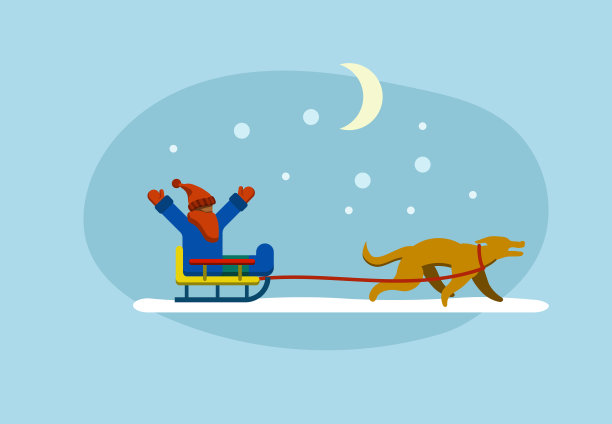 雪橇宝贝，狗狗开车的朋友，冬天与月亮的童话，圣诞和新年的冬季假期，孩子们在冬天玩。矢量图图片下载