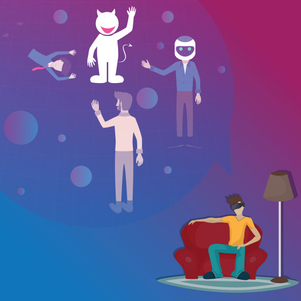 数字化技术的平面设计，让年轻人在虚拟世界中以虚幻的面貌遇见他的朋友——矢量图片下载