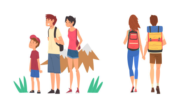 快乐的家庭与孩子旅行度假享受登山和徒步旅行与背包向量集图片下载