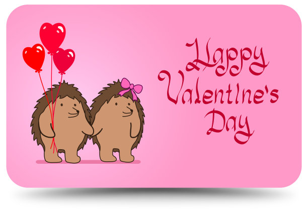 情人节贺卡:两只可爱的刺猬手牵气球，粉红色背景上系着蝴蝶结，象征着爱情和幸福。矢量图图片下载