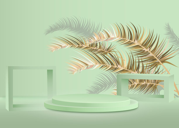 背景矢量3d绿色粉彩渲染与讲台和最小的绿色场景，棕榈叶图片下载