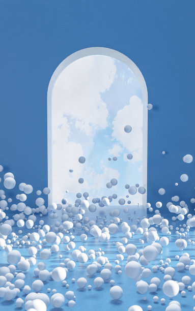 蓝色房间里有很多白球，3d渲染。图片下载