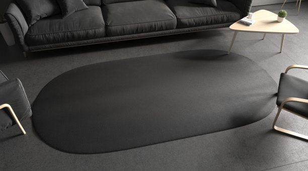 空白的黑色椭圆形室内地毯在房间模型，侧视图图片下载