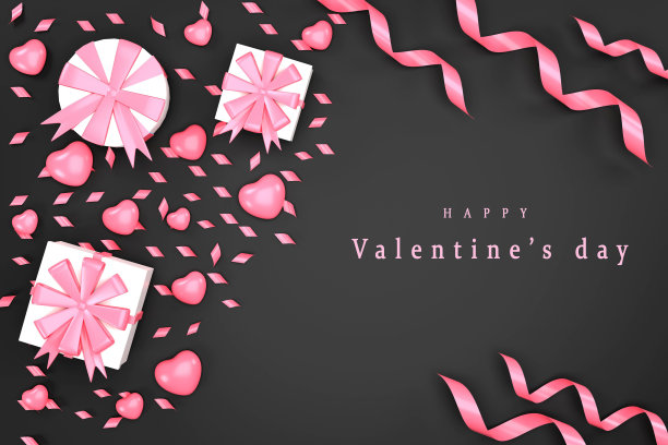 顶视图的礼品盒，心形和丝带的蓝色背景情人节的概念图片下载