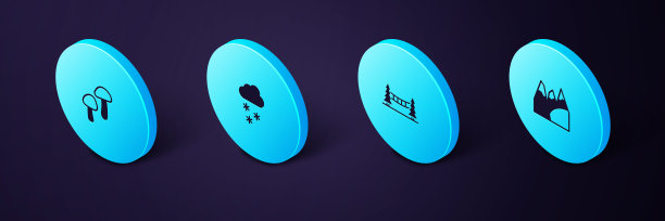 设置等距山，卡皮拉诺吊桥，云与雪和蘑菇图标。向量图片下载