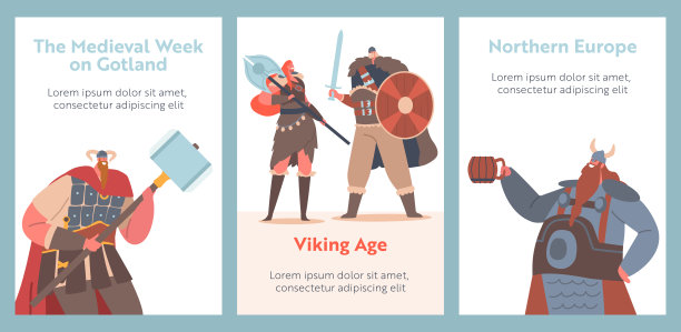 北欧海盗，中世纪北欧士兵，野蛮人的卡通旗帜。男性和女性角色穿着皮肤和持有盔甲图片下载