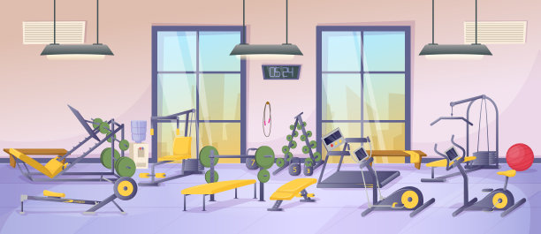 健身运动俱乐部健身房内设健身器材、模拟器、健身器械图片下载