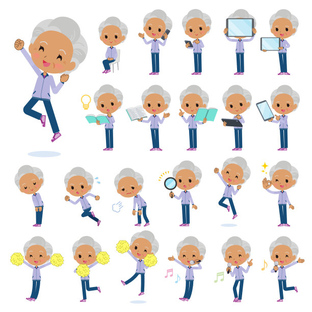 一群穿着紫色运动衫、手持智能手机等数码设备的老妇人图片下载