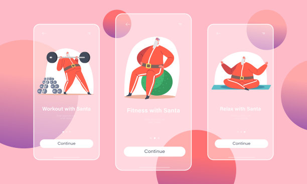 圣诞老人健身移动应用页面板载屏幕模板。圣诞人物冥想，力量练习图片下载