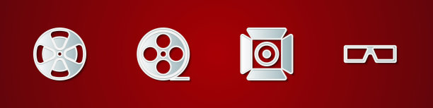 设置电影卷轴，，电影聚光灯和3D电影眼镜图标。向量图片下载