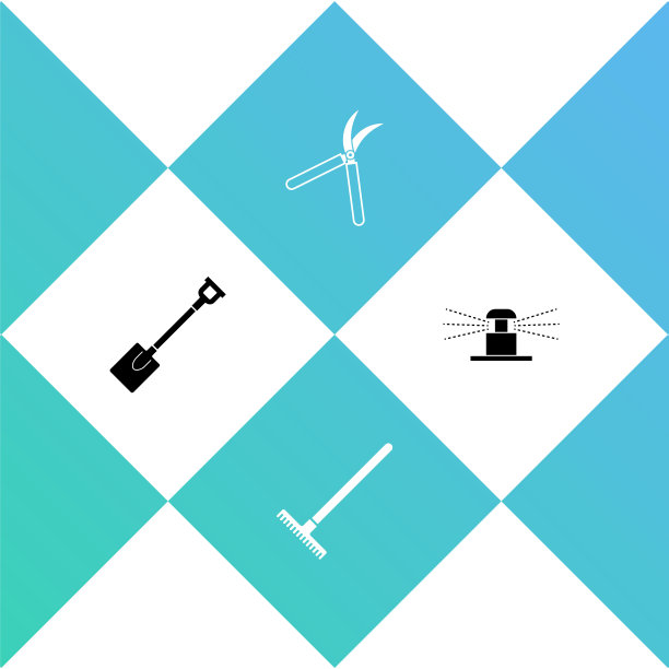 设置花园铲子，耙子，园艺手工剪刀和自动灌溉洒水图标。向量图片下载