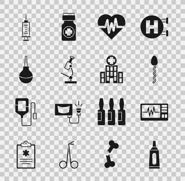 设置药膏膏管药物，监测心电图，精子，心率，显微镜，灌肠，注射器和医疗医院建筑图标。向量图片下载