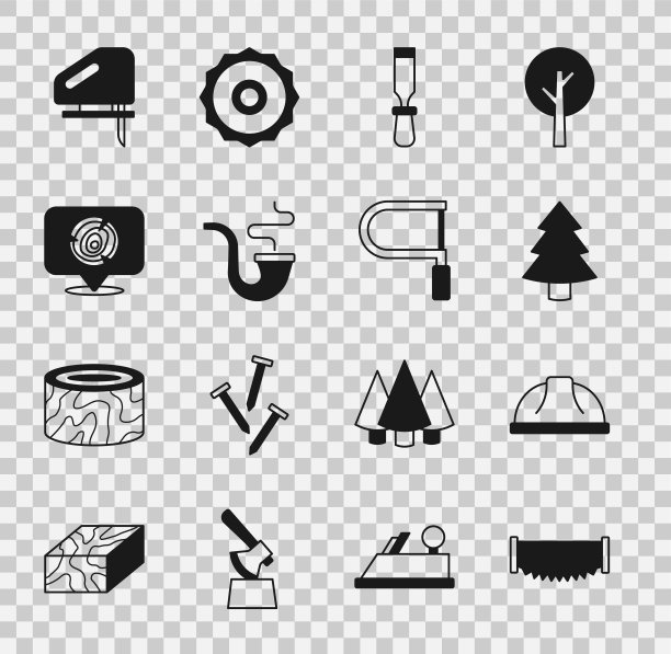 设置双手锯，工人安全帽，圣诞树，凿子工具，烟斗，木制原木，电动拼图和钢锯图标。向量图片下载