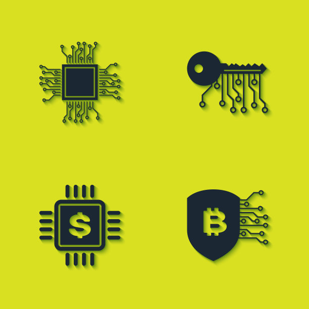 设置处理器，屏蔽与比特币，芯片美元和加密货币的关键图标。向量图片下载