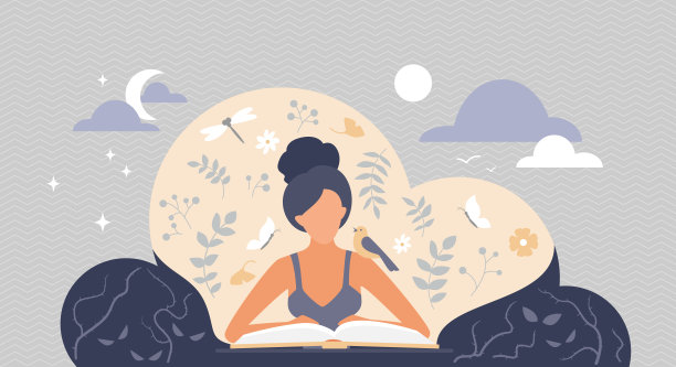 女人读书，坐在幻想云里想象，自我教育观念图片下载