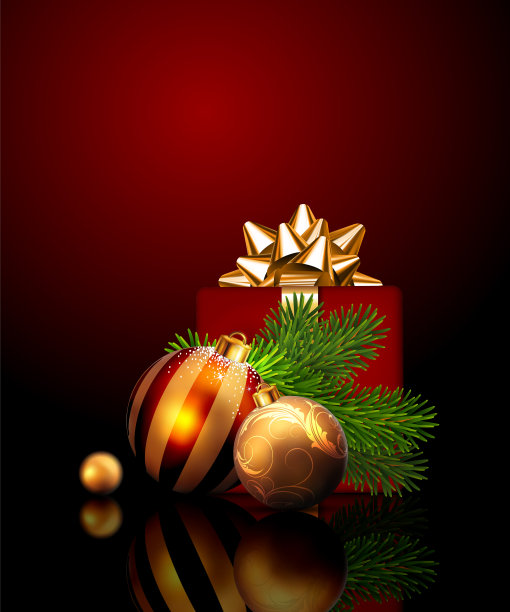 圣诞快乐，新年快乐。礼物，圣诞球和冷杉枝在一个红色的背景。非常现实的例证。图片下载