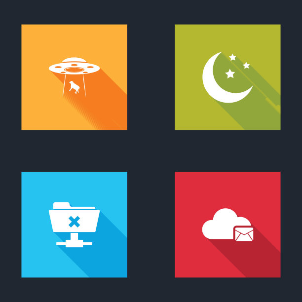 设置不明飞行物诱拐牛，月亮和星星，FTP取消操作和云邮件服务器图标。向量图片下载