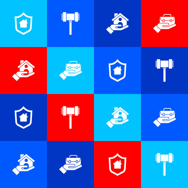 带有盾牌的房屋、法官木槌、保险和手提公文包图标矢量图图片下载