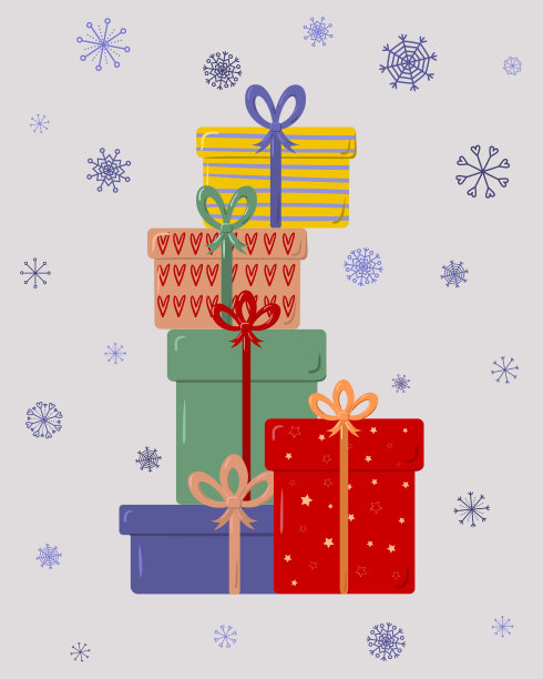 礼品盒上，礼品孤立于白色。彩色包装。销售、购物的概念。为生日，圣诞节收集。用于矢量卡通平面设计。背景与雪花。图片下载