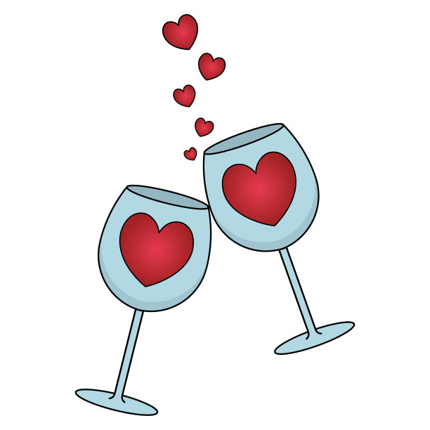 吐司。两个饰有红心图案的酒杯。水晶酒杯的叮当声。心飞起。爱的声音。彩色矢量插图。孤立的背景。情人节。脆弱的节日菜肴。图片下载