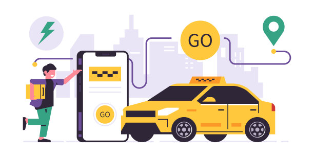 出租车叫车服务移动应用概念。电话与申请预约出租车展出。用汽车运送人。拿着行李箱的男人，黄色汽车，城市，路线，图标，标志。图片下载
