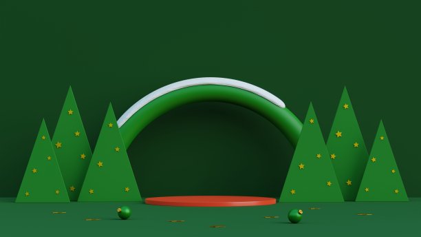 最小的场景与红色圆筒讲台和松树在午夜绿色的背景。圣诞快乐，新年快乐。3 d渲染插图。素材图片