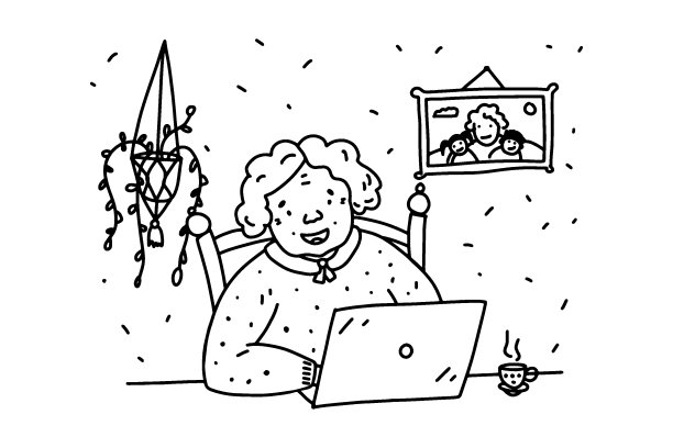 涂鸦老妇人与笔记本电脑。快乐的奶奶沟通图片下载