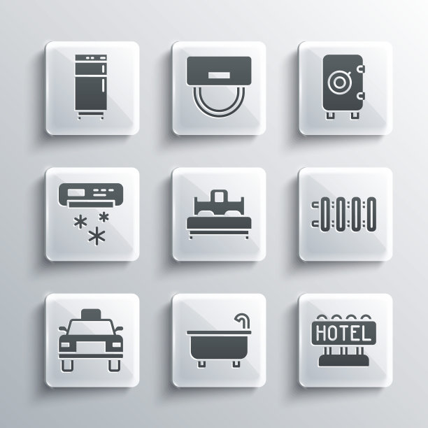 设置浴缸，招牌文字酒店，暖气散热器，卧室，出租车，空调，冰箱和安全图标。向量图片下载
