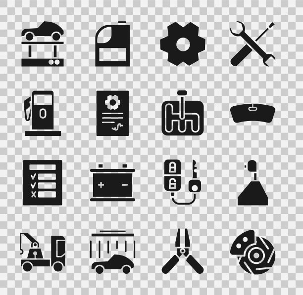 设置汽车制动盘卡尺，变速杆，挡风玻璃，汽车服务检查汽车，汽油或加油站，维修汽车升降机和图标。向量图片下载