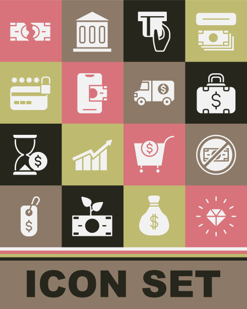 设置钻石，没有钱，公文包和，信用卡插入，移动银行，锁，撕裂钞票和装甲卡车图标。向量图片下载