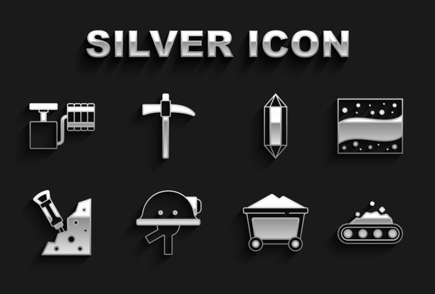 设置矿工头盔、金矿、运煤传送带、手推车、施工手提钻、宝石石、手柄雷管、鹤嘴锄图标。向量图片下载