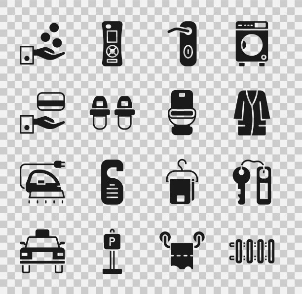 设置暖气散热器，酒店门锁钥匙，浴袍，门把手，拖鞋，数字，支付提示和马桶图标。向量图片下载