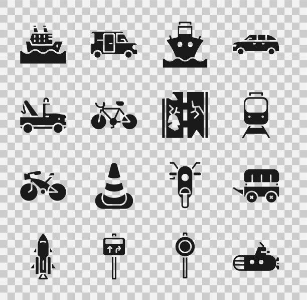 设置潜艇，狂野西部篷车，火车和铁路，货船，自行车，拖车，邮轮和破碎的道路图标。向量图片下载