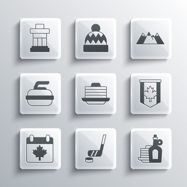 设置冰球棍和冰球，糖浆与煎饼，加拿大国旗，堆栈，日枫叶，石冰壶，Inukshuk和山的图标。向量图片下载