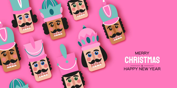 粉红糖圣诞胡桃夹子剪纸风格。可爱的玩具士兵。12月芭蕾舞。创意圣诞快乐邀请。新年快乐。冬天的假期。空间的文本。图片下载